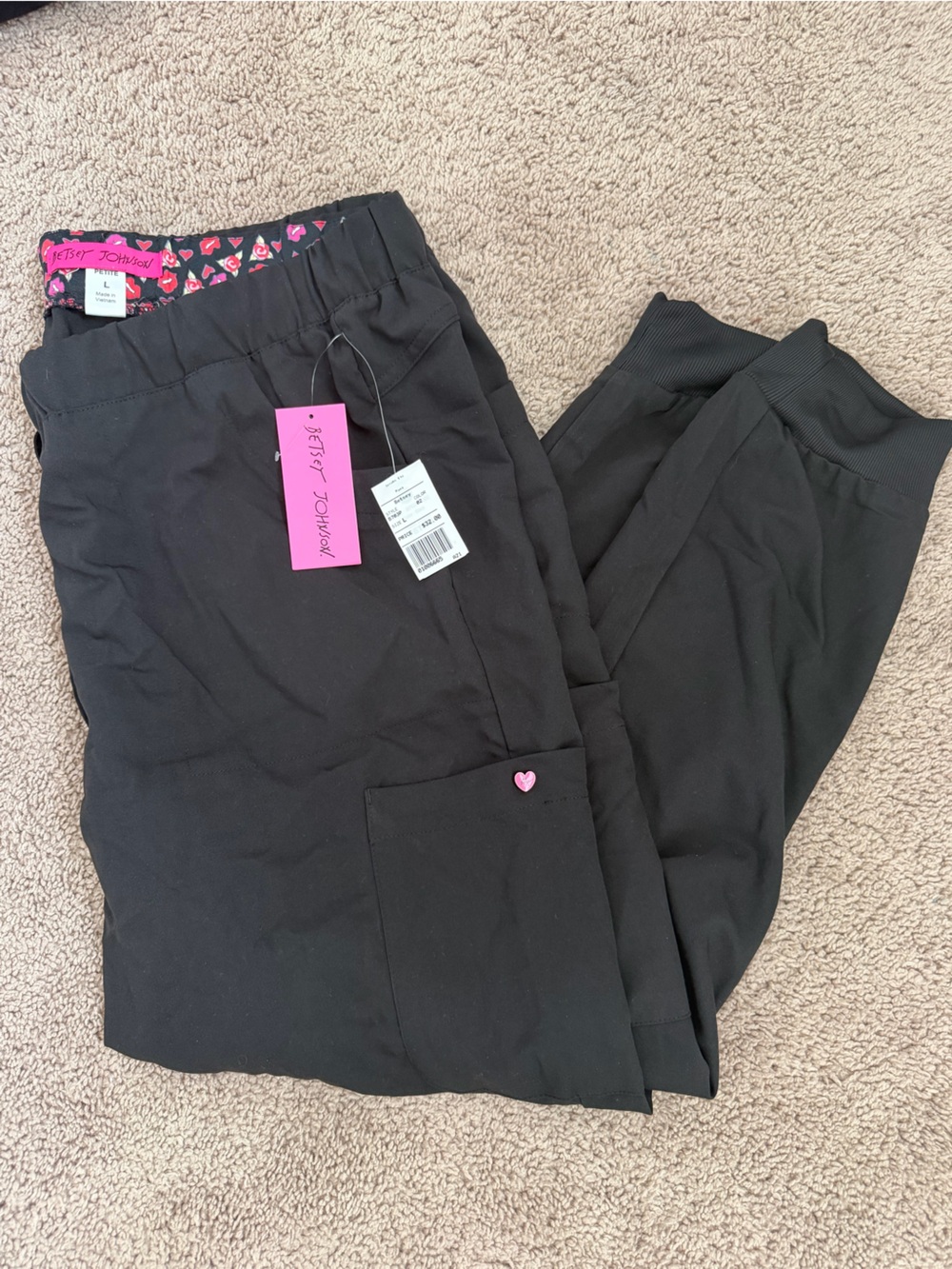 Betsey Johnson Black Joggers with Pink Heart Trim